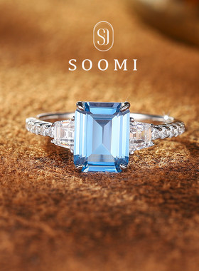 【SOOMI 玉玺】海蓝宝戒指3ct培育宝石925银公主方彩宝轻奢女戒