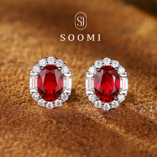 红宝石耳钉2.3ct培育鸽血红彩宝戴妃耳饰925银 梦境系列 SOOMI