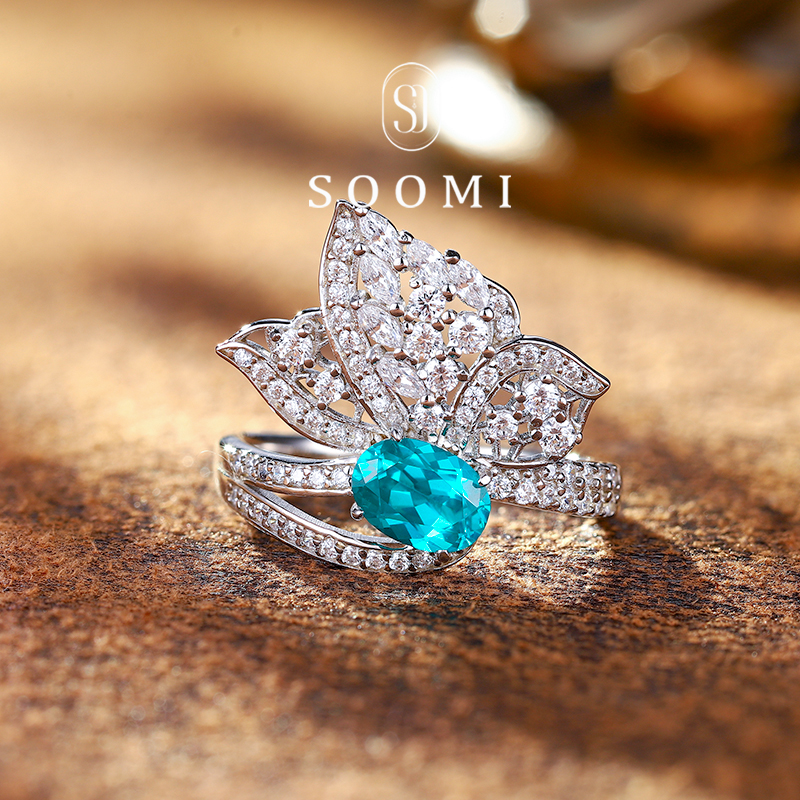 【新品 惊鸿舞】帕拉伊巴戒指1.2ct培育蓝宝石银镀k金设计款女戒