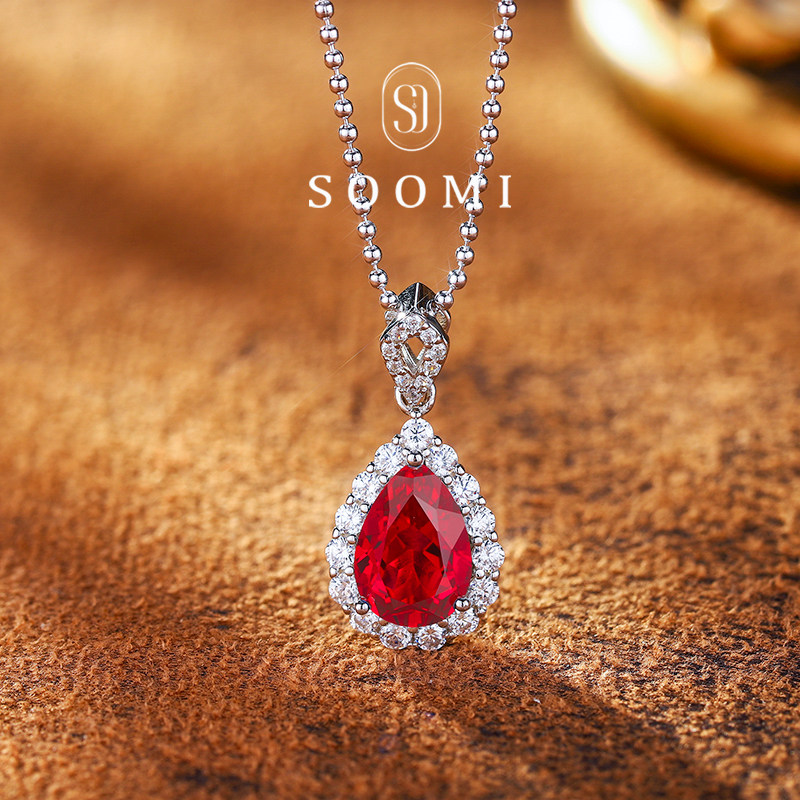 【SOOMI 绽放】鸽血红宝石项链2.6克拉培育彩宝925银镀金水滴吊坠