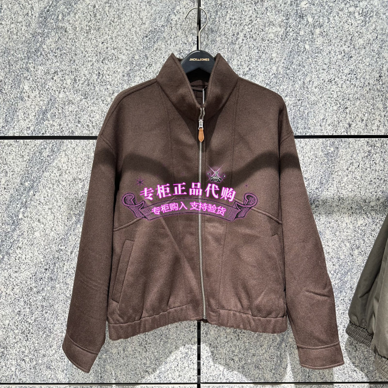 杰克琼斯秋冬羊毛混纺毛呢大衣皮标立领休闲廓形夹克 226427008