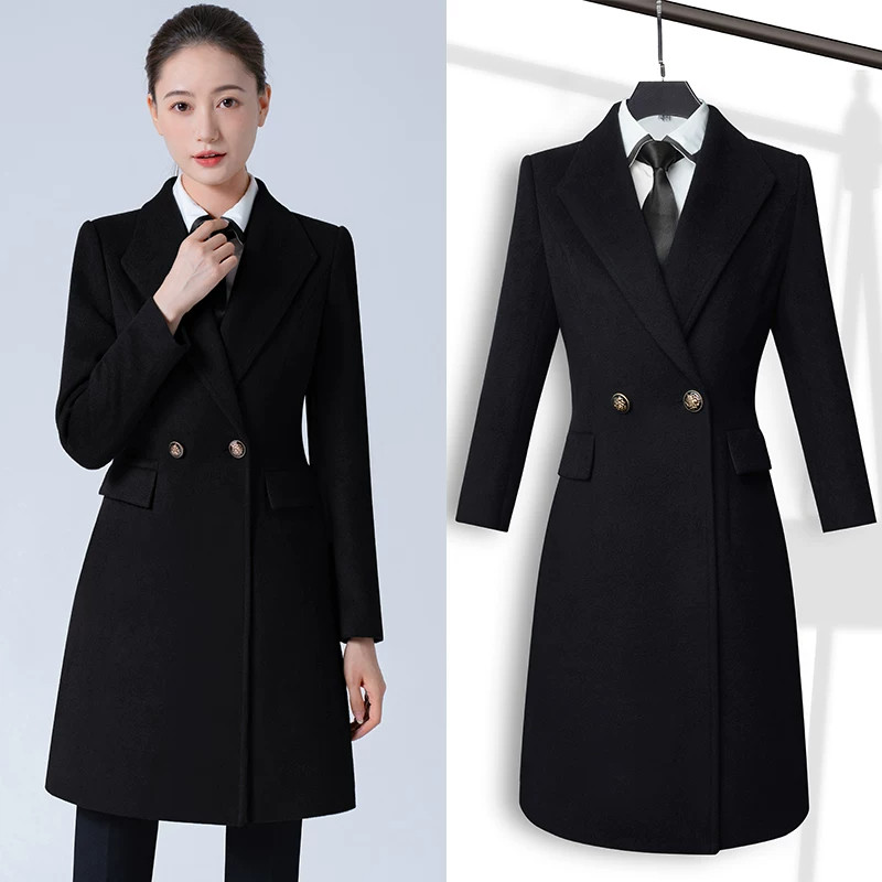 职业装毛呢大衣女冬中长款加棉加厚保暖呢子外套珠宝店工作服工装