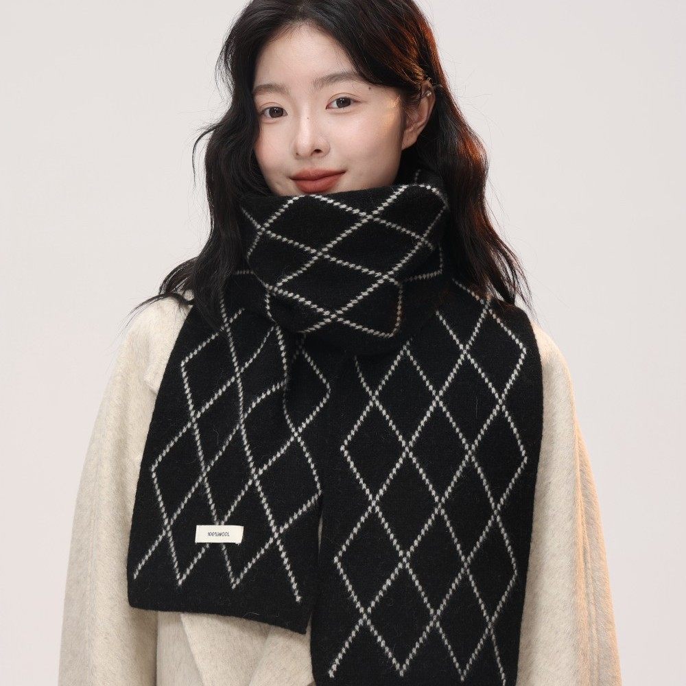 跨境菱形格小香风100%全羊毛围巾女秋冬气质保暖针织围脖情侣批发,服饰配件/皮带/帽子/围巾,围巾/丝巾/披肩,淘宝优惠券,粉丝福利购,淘宝优惠卷
