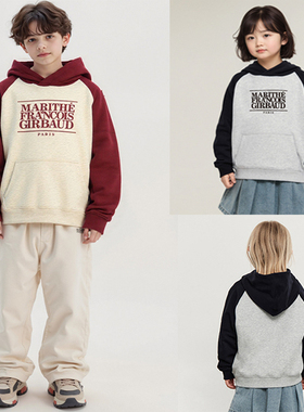 韩国秋冬潮牌Marithe字母印花插肩拼色长袖卫衣男女儿童装连帽衫