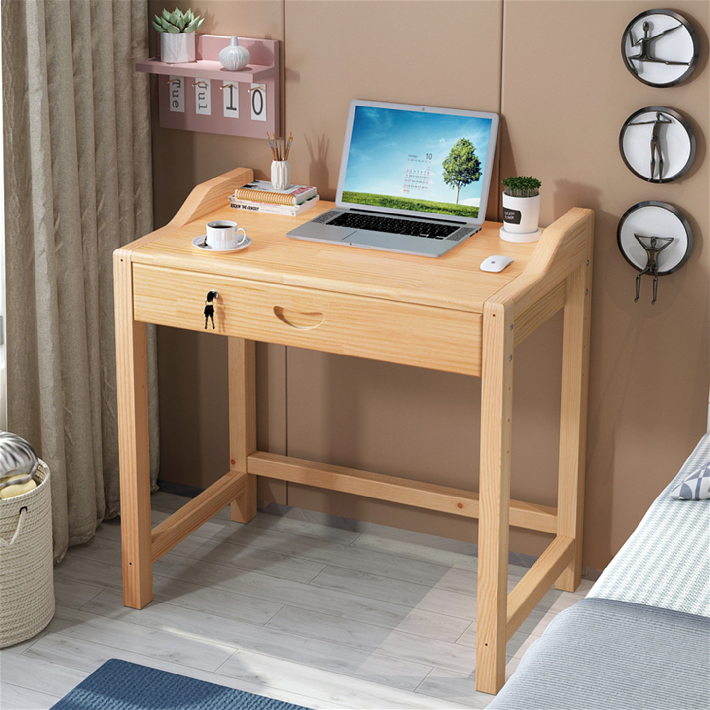 实木简约儿童学习桌家用卧室小户型书桌学生电脑桌可升降抽屉带锁