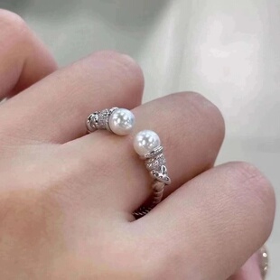 DIY珍珠配件 S925纯银时尚双珠麻花开口戒指空托 可调节指环指圈