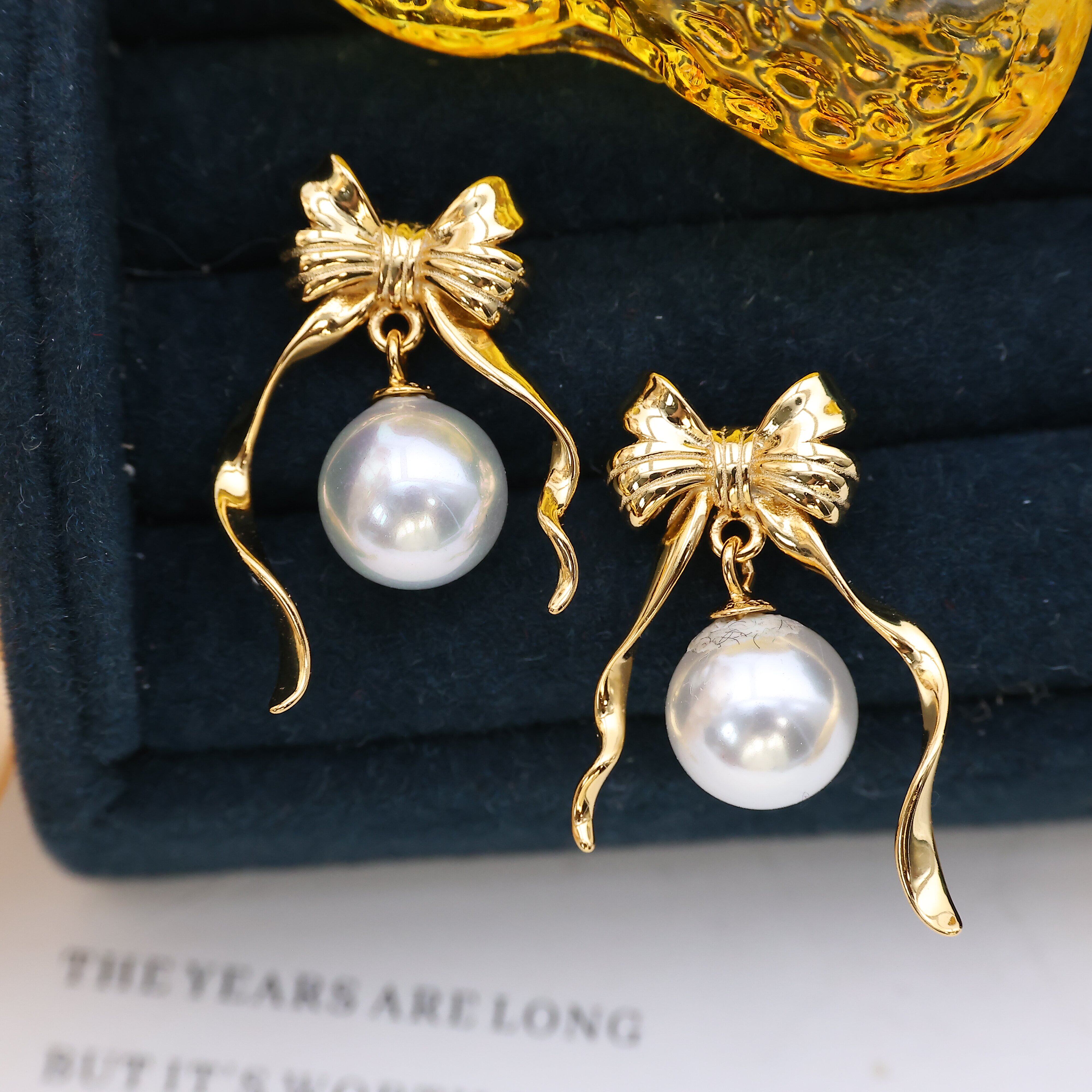 DIY配件 S925纯银光明蝴蝶结耳钉空托 珍珠耳环耳坠托6-10mm圆滴