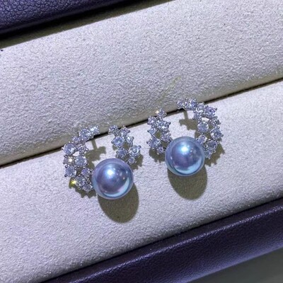 DIY配件 S925纯银闪锆花环耳钉空托 珍珠耳饰耳坠子配7-8mm圆扁