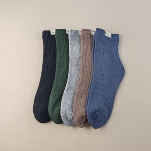库存秋冬男士纯色布标内里加绒冬季男士中筒袜子简约百搭螺纹多色