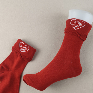 袜子 纯棉爱心刺绣四季 库存尾货大码 女袜本命年红袜女中筒袜春秋季