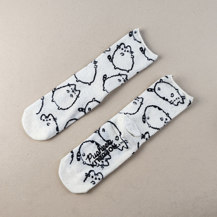 中筒女士秋冬雪尼尔保暖松口女袜中筒可爱卡通女生点胶防滑地板袜