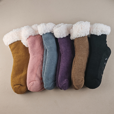 外贸库存冬季羊羔绒中筒袜女士加绒加厚保暖居家睡眠袜防滑地板袜
