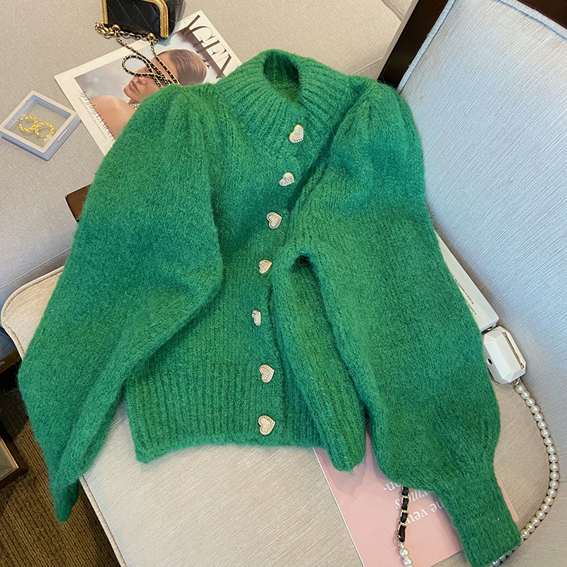 빅 브랜드 클리어런스 픽업 그린 스웨터 재킷 여성 가을 ??겨울 러브 버튼 탑 기질 부드러운 밀랍 니트 가디건