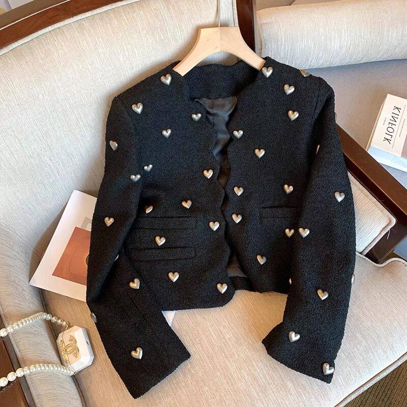 여성 고급 소향 통근 모직 쇼트 코트 여성스러운 기질 초가을 스타일 작은 양복 가디건 블랙 탑