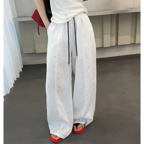 QIANBEISI正品26夏装新款金属圈定标松紧腰韩版弯刀纯亚麻休闲裤
