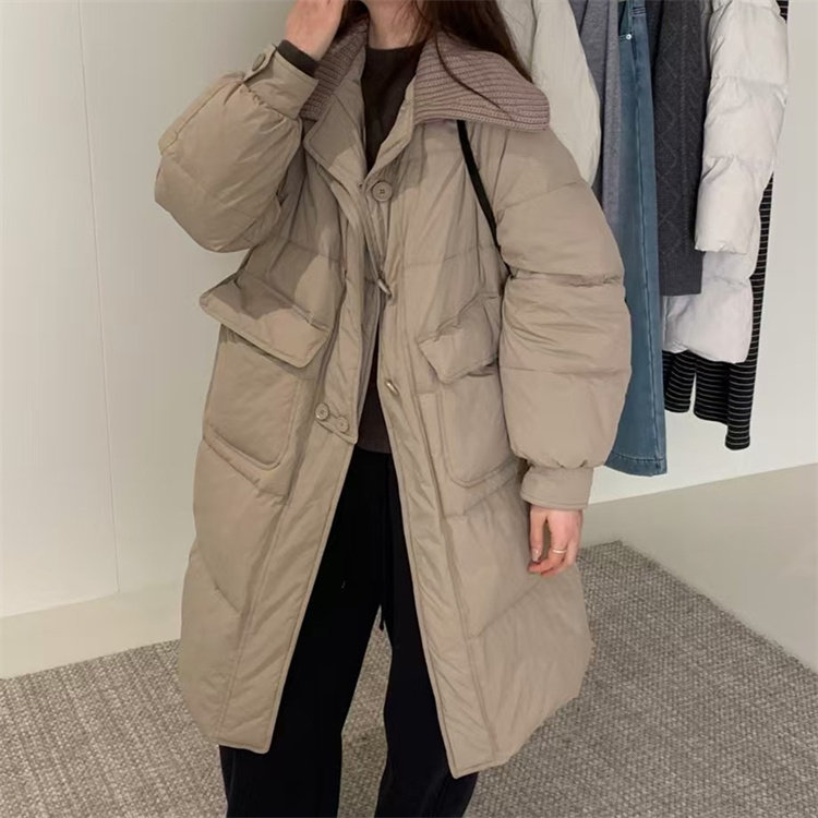 韩国东大门25冬新款毛线翻领大口袋韩版休闲单排扣中长保暖羽绒服