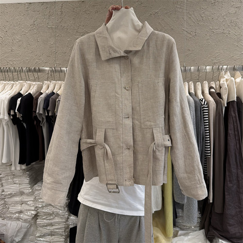 BLUEPOPS正品26春新立领配腰带时尚洋气亚麻衬衫外套老钱风麻开衫