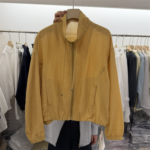 韩国X.W正品26春新款松紧边下摆抽绳系带立领韩版莱赛尔苎麻外套