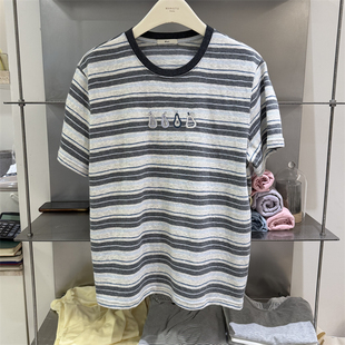 韩国W.T正品26春装新款胸口刺绣图案条纹显瘦圆领短袖T恤百搭上衣