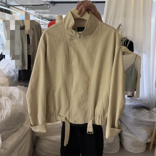 韩版 下摆腰带时尚 立领皮外套显瘦夹克712 xiaoman26春新款 韩国the