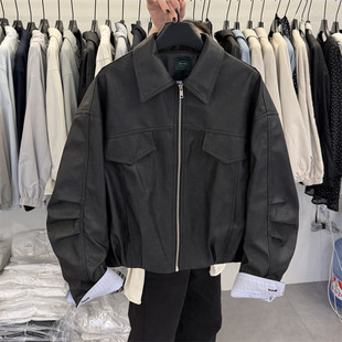 韩国26春装新款撞色翻边褶皱袖时尚洋气皮衣短款外套宽松夹克D639