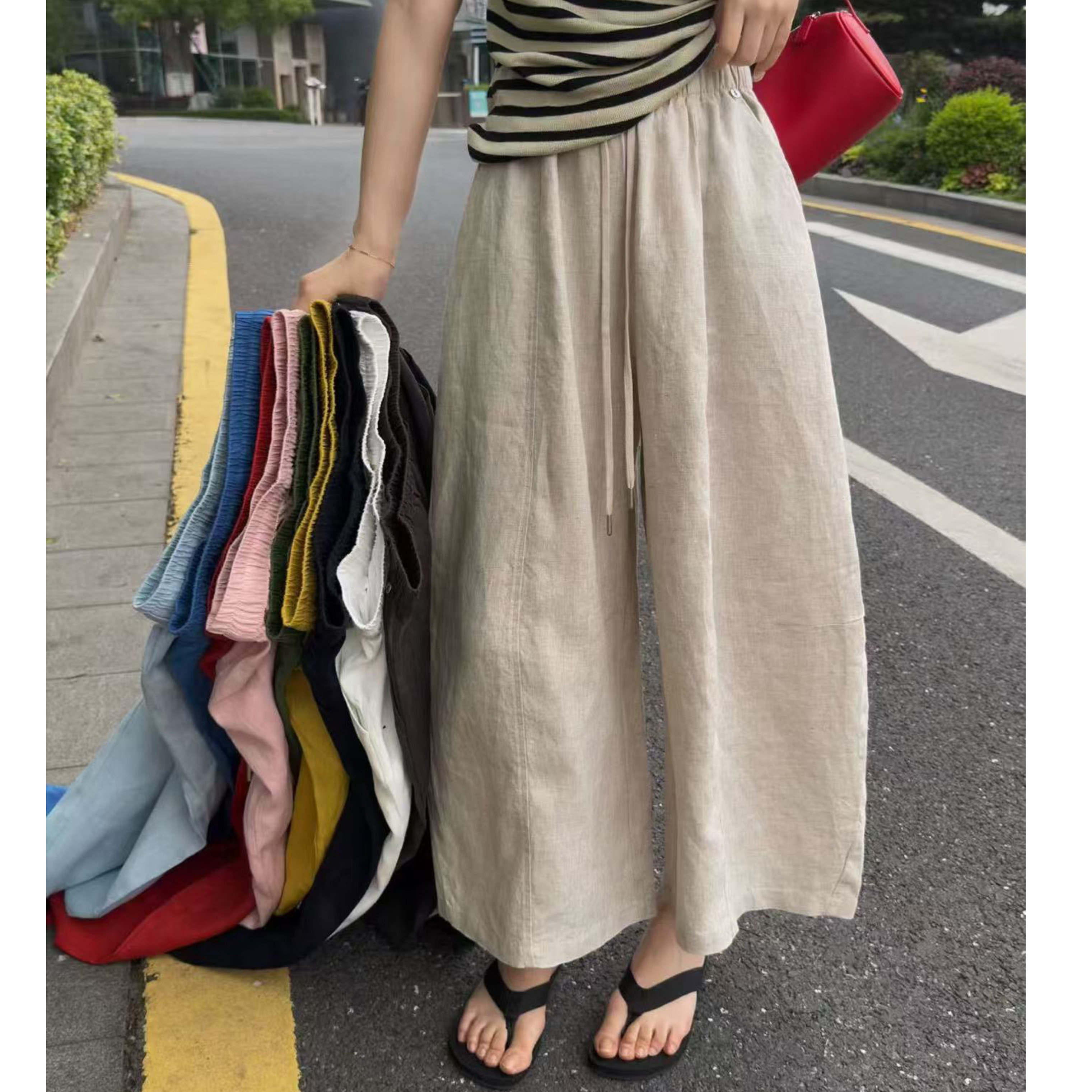QIANBEISI正品26夏新款松紧系带腰围韩版休闲亮色弯刀亚麻九分裤