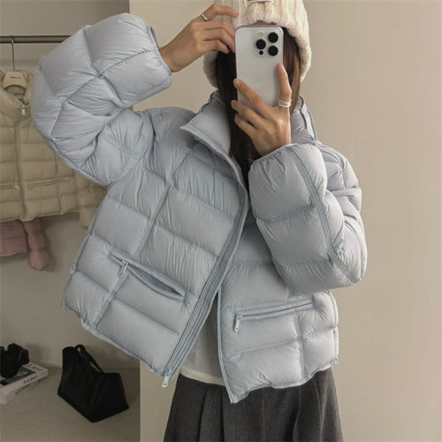 韩国25冬新下摆拉链横口袋袖子定标时尚韩版立领排骨白鹅绒羽绒服