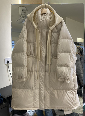 韩国25冬新款可脱卸针织毛线帽时尚韩版加厚中长保暖羽绒服19606