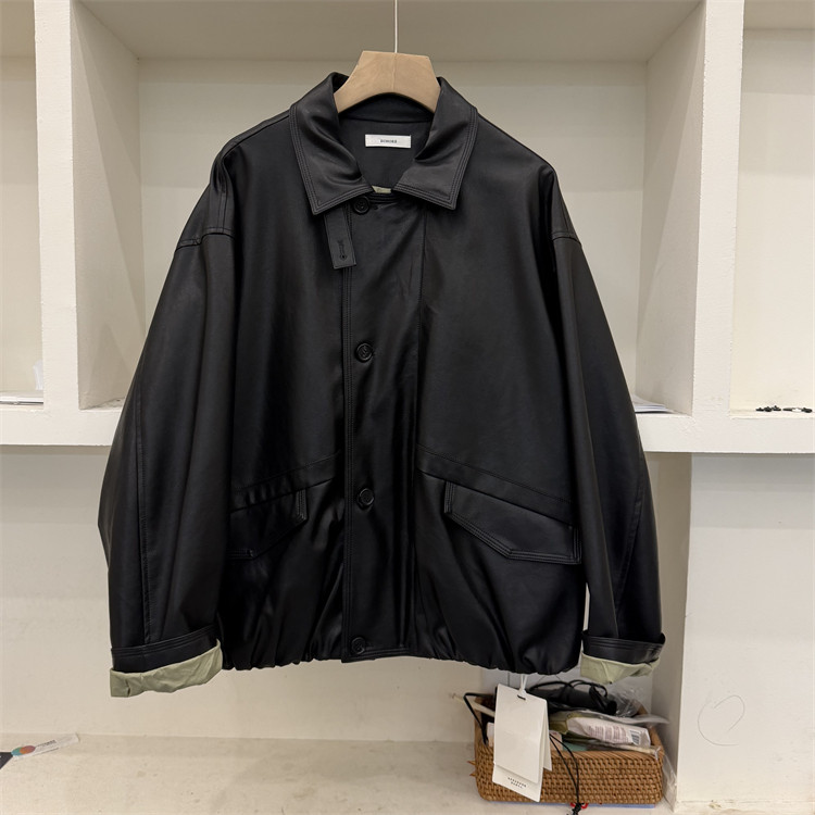 韩国东大门26春装新款翻盖口袋POLO领单排扣时尚阔版皮衣宽松夹克