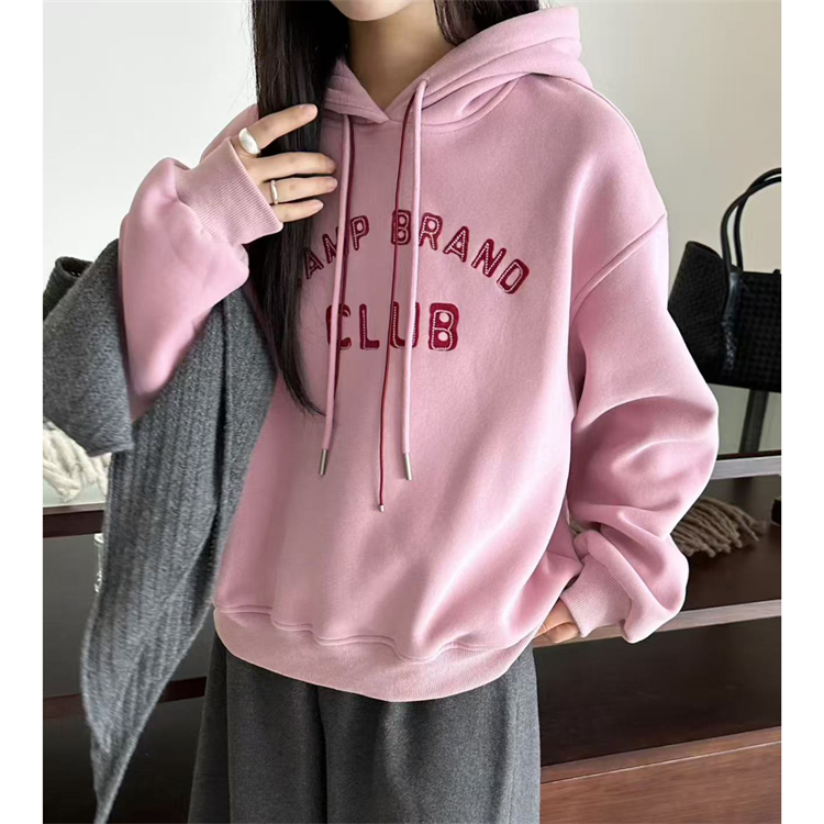 韩国25秋冬新款胸前字母图案双色抽绳带帽韩版多色加绒休闲卫衣女