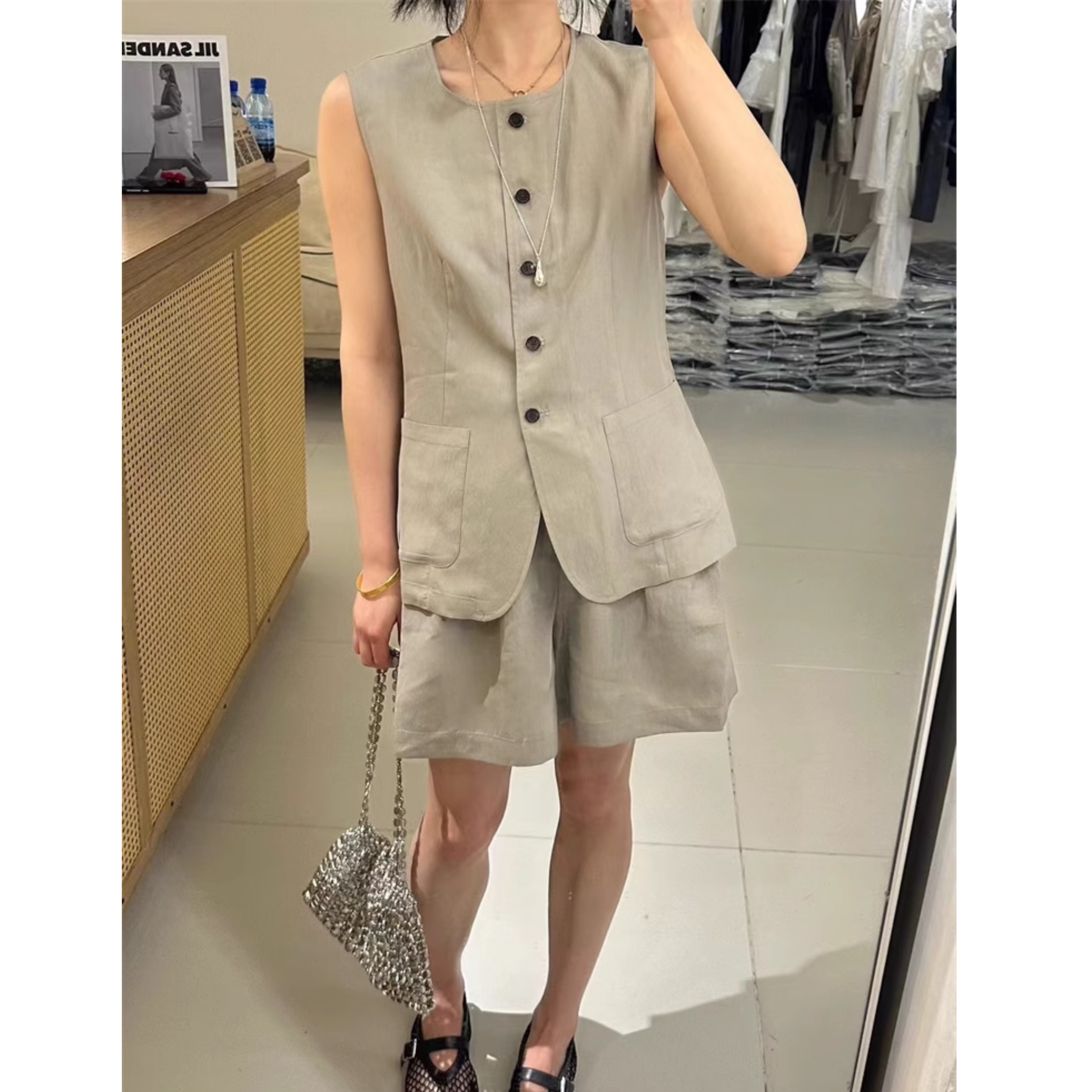 特价8090服饰25夏新口袋圆领马甲+松紧腰阔腿短裤韩版两件套套装