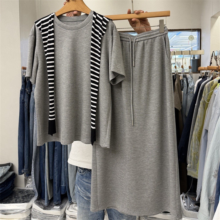 韩国春夏新款配披肩圆领短袖上衣+半身长裙韩版休闲三件套套裙女