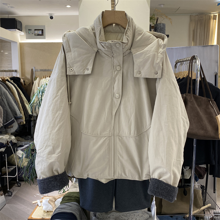 韩国25冬装新款羊毛呢卷边袖口韩版休闲脱卸帽立领宽松羽绒服夹克