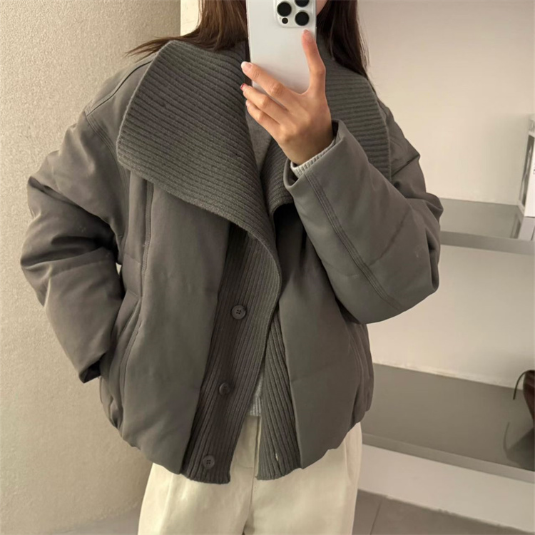 韩国25冬新款针织毛线接拼大翻领时尚韩版白鸭绒羽绒服夹克19695