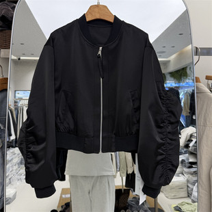 韩版 韩国东大门26春装 棒球服外套 后背定标时尚 洋气皱皱袖 新款 时尚