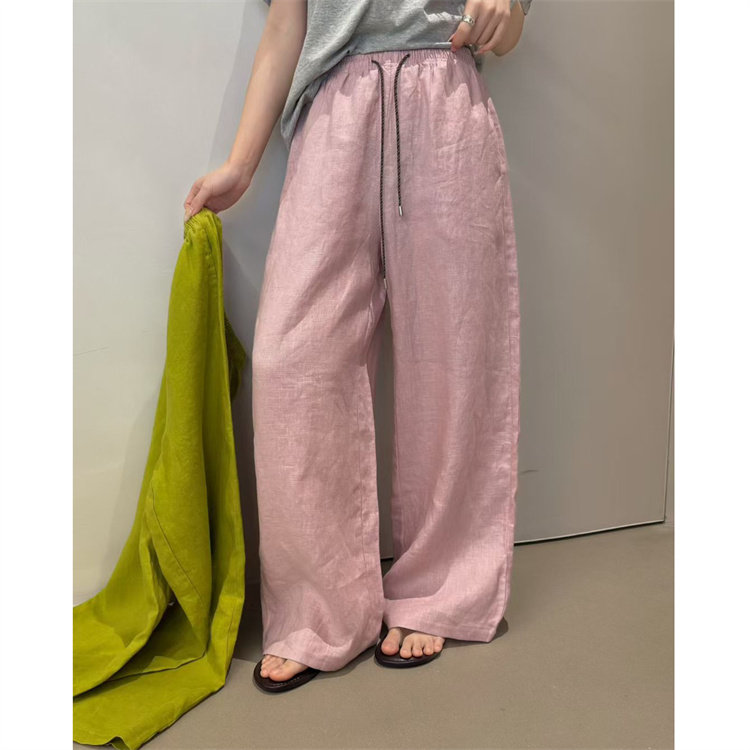 韩国ZUOWEI正品26春新松紧腰围细带韩版休闲糖果亮色系麻料直筒裤