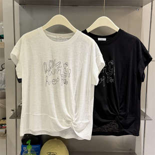 韩国W.T正品26夏装新款下摆打结设计线条字母图案韩版休闲短袖T恤