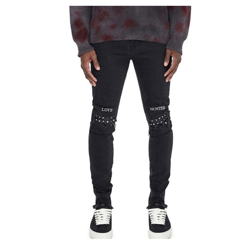 Ripped rivets stretch men's jeans破洞铆钉休闲弹力男士牛仔裤