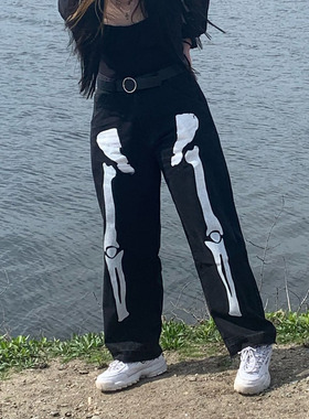 Printed casual wide-leg straight-leg jeans印花休闲直筒牛仔裤