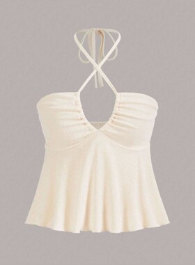 Solid color neck tie hollow top forwomen纯色挂脖系带镂空上衣