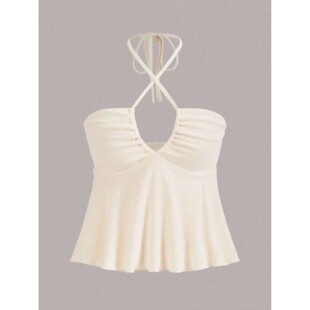 Solid color neck tie hollow top forwomen纯色挂脖系带镂空上衣