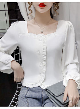 Solid Slim Fit Square Neck Ruffle Shirt纯色修身方领荷叶边T恤