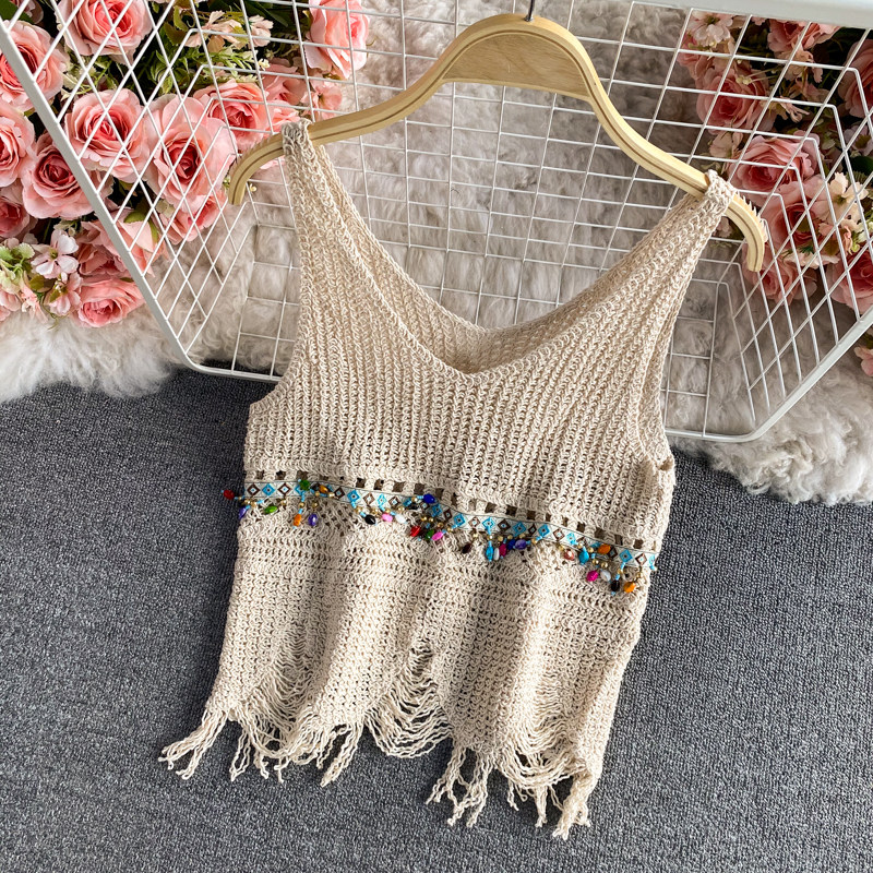 Versatile slim knitted ripped sling百搭显瘦休闲针织破洞吊带