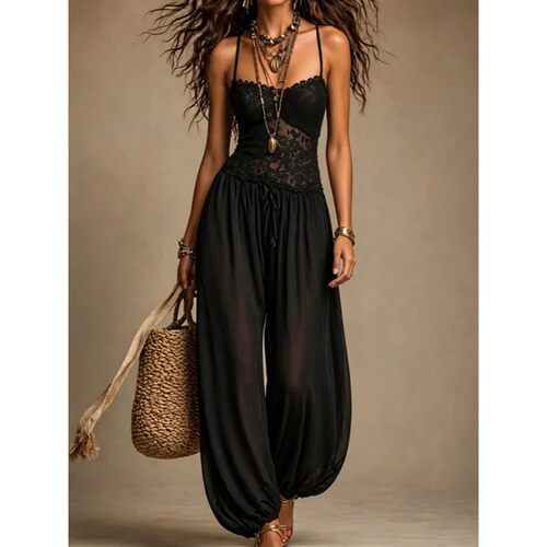 蕾丝收腰褶皱吊带连体长裤 Lace waist cinched pleated jumpsuit