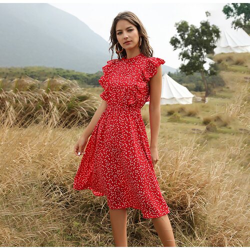 Printed Loose Ruffle Sleeve Dress印花圆领宽松荷叶边袖连衣裙