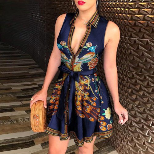Printed V-Neck Tie Waist A-Line Dress印花V领绑带收腰连衣短裙