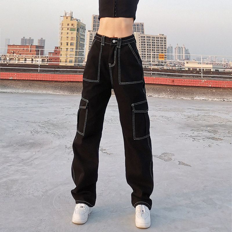 Loose cargo denim trousers高腰直筒裤休闲百搭牛仔工装长裤女
