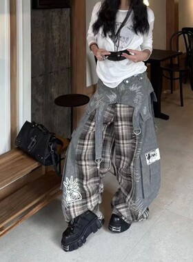 拼接贴布阔腿牛仔裤女宽松免烫