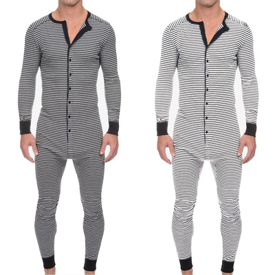Striped bodysuit long-sleeve pajamas条纹紧身连体长袖睡衣男士