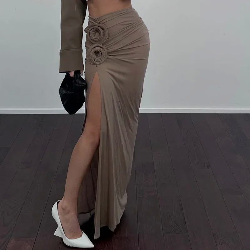 High-waisted split solid color midi skirt高腰开叉纯色半身裙